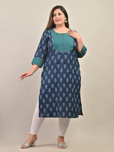 Plus Size Blue Cotton Floral Print Straight Kurta-584